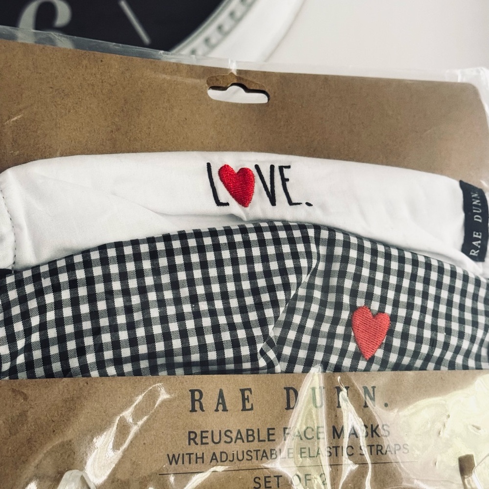 Rae Dunn Reusable Face Masks Adjustable Elastic Strap Set of 2 Love Checkered - Picture 2 of 4